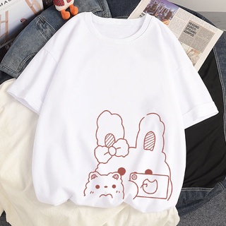 เสื้อยืดผ้าฝ้ายพิมพ์ลาย เสื้อยืด ลายกระต่ายเซลฟี่น่ารัก สีขาว สไตล์ญี่ปุ่น