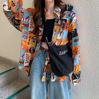 [มาใหม่] เสื้อเชิ้ตยาวปานกลาง พิมพ์ลายกราฟฟิติ ทรงหลวม สไตล์เรโทร แฟชั่นฤดูใบไม้ผลิ และฤดูร้อน สําหรับผู้หญิง 2022