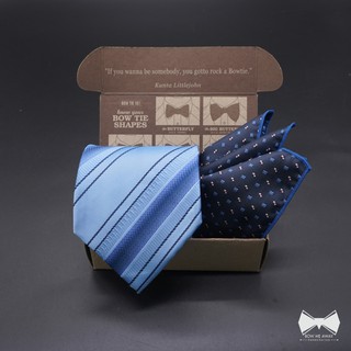 เซ็ทเนคไทฟ้าลายขวาง3.5นิ้ว+ผ้าเช็ดหน้าสูท-Sky Blue Necktie 3.5"+ Pocket Square