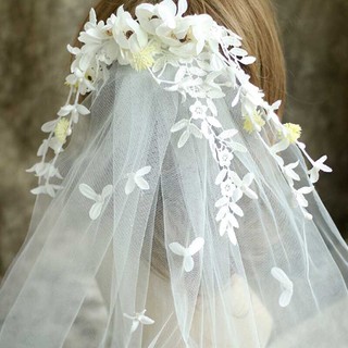 เวลเจ้าสาวพร้อมกิ๊บหนีบผมดอกไม้ - Leaves and Flower with Clip Bridal Veils 35 cm