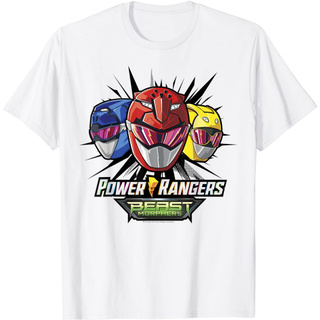 เสื้อยืดสีขาวเสื้อยืดแขนสั้นลําลอง ผ้าฝ้าย ระบายอากาศได้ดี พิมพ์ลาย Power Rangers Beast Morphers Helmets สําหรับผู้ชายS-