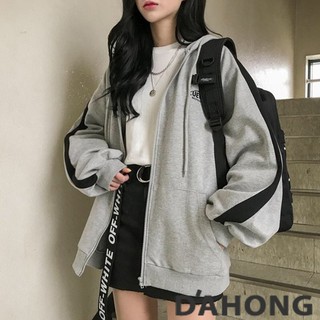Dahong 💖 1065 เสื้อกันหนาว hoody สีพื้นแต่งแทบแขน เสื้อกันหนาวมีหมวก สไตล์เกาหลี