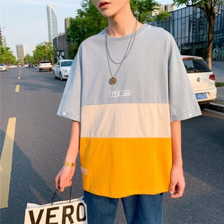 ฤดูร้อนinsแผงสีครึ่งแขนTเสื้อยืดสไตล์ญี่ปุ่นย้อนยุคลำลองชายแขนสั้นแฟชั่นแบรนด์หลวมเสื้อผ้าแขนห้าจุด