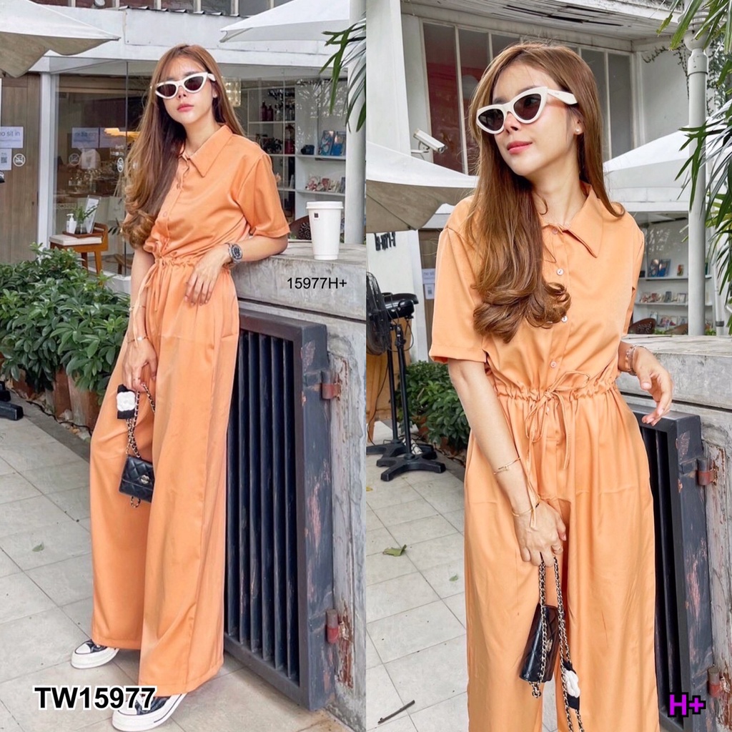 tw15977-jumpsuit-slippery-จั้มสูทขายาว-คอปก-แต่งกระดุมหน้า-ช่วงเอวใส่เชือกรูดเอว-รูดได้จริง-มีกระเป๋าล้วงข้าง