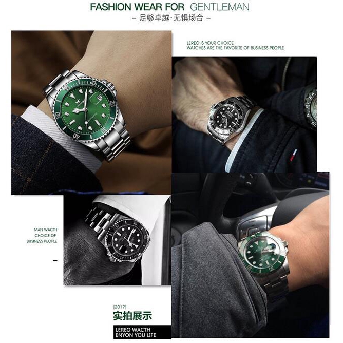 fngeen-นาฬิกาผู้ชายสีดำน้ำผีอัตโนมัตินาฬิกาจักรกลน้ำผีสีเขียวเหล็กนาฬิกานาฬิกากันน้ำ