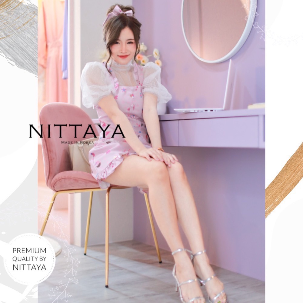 nittaya-เซ็ทเดรสสั้นสีชมพู-เสื้อขาวซีทรูแขนตุ๊กตา-ยางรัดผม
