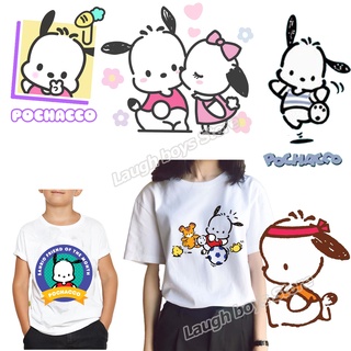 แผ่นสติกเกอร์รีดร้อน ลายการ์ตูนสุนัข Sanrio Pochacco ล้างทําความสะอาดได้ สําหรับตกแต่งเสื้อยืด