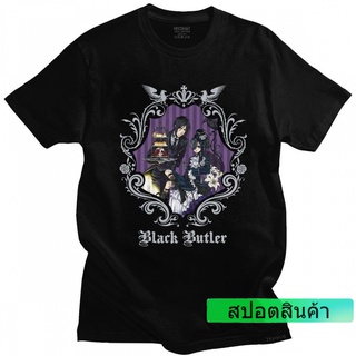 เสื้อยืดวินเทจเสื้อยืดคอกลม แขนสั้น ผ้าฝ้าย พิมพ์ลายอนิเมะ Sebastian Ciel Phantomhive สีดํา สไตล์วินเทจ แฟชั่นฮาราจูกุ ส