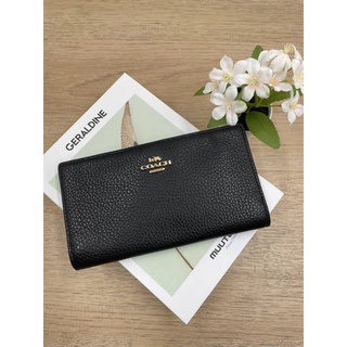 (ผ่อน0%) กระเป๋าสตางค์ใบยาว SLIM ZIP WALLET (COACH C8329) GOLD/BLACK หนังแท้ สีดำ 2พับ