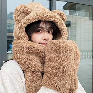 ผ้าพันคอ ถุงมือ มีฮู้ด ผ้ากํามะหยี่ขนนิ่ม ลายหมีน่ารัก สามชิ้น สไตล์เกาหลี เหมาะกับฤดูใบไม้ร่วง และฤดูหนาว เข้าได้กับทุกชุด สําหรับเด็กผู้หญิง