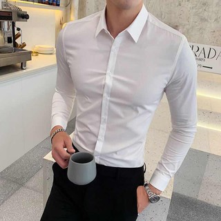 สินค้า เสื้อเชิ้ตสไตล์เกาหลี ไซส์M-3XL เสื้อเชิ้ตแขนยาวผ้าฝ้ายลำลอง ทรงเข้ารูป สำหรับผู้ชาย (สีขาว) รุ่นTS02