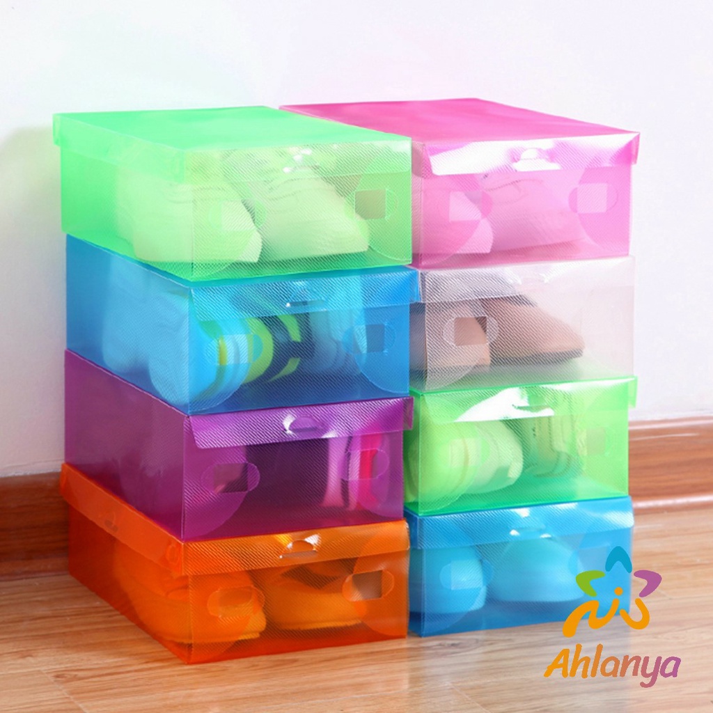 ahlanya-แผ่นกล่องใส่รองเท้าพลาสติกใส-กล่องจัดระเบียบ-กล่องรองเท้าพับได้-กล่องรองเท้า-colour-transparent-shoe-box
