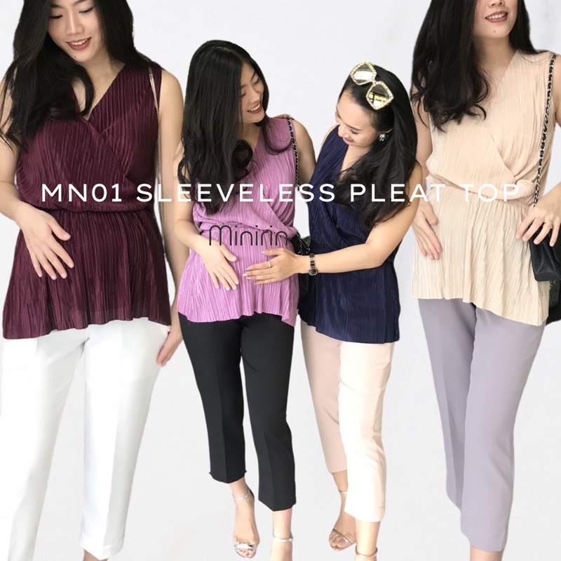 ราคาและรีวิวMN01 sleeveless pleat top เสื้อให้นม คลุมท้อง (แขนกุด)