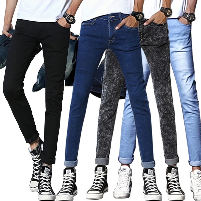 ภาพหน้าปกสินค้ากางเกงยีนส์ ทรงสลิม สไตล์เกาหลี สำหรับผู้ชาย สีดำ
