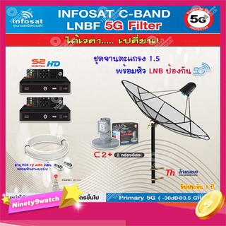 Thaisat C-Band 1.5M (ขาตรงตั้งพื้น ฐานตัว M) + infosat LNB 2จุด รุ่น C2+ (5G) + PSI S2 2กล่อง+สาย RG6 10M x2