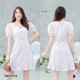 TW17112 Mini dress แขนตุ๊กตาลายดอกเล็ก ทรงคอเหลี่ยม ติดกระดุมหลอกด้านหน้า ตัดต่อระบายย่นที่ชายกระโปรง มีซิปซ่อนด้านหลัง