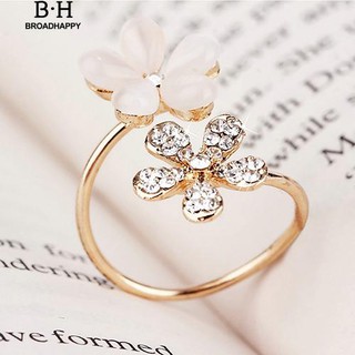 💘broadhappy💍1 ชิ้นหรูหราเดซี่คู่ดอกไม้แหวน Rhinestone ปรับเปิดแหวน แหวนเกลี้ยง