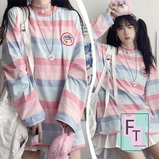 💢FT อินเทรนด์💢เสื้อแฟชั่น แขนยาวลายทาง อกปักลายวงกลม ทรงโอเวอร์ไซส์