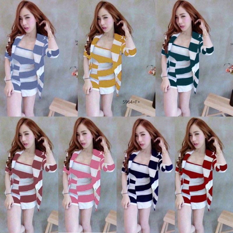 จั้มสูทเกาะอกลายริ้ว-เสื้อคลุม-tw5964