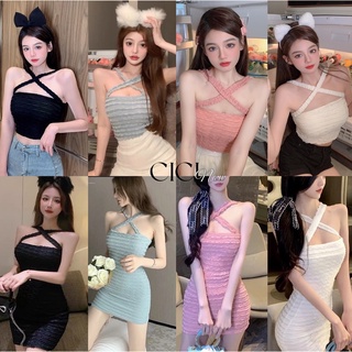 Cici(NO.Set6065/6066)เสื้อ/เดรสสายเดี่ยวแบบไขว้ เนื้อผ้าดียืดได้เยอะ สไตล์เกาหลี