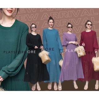 Code : 12201.1 เดรสทรงปล่อย เดรสสีเขียว เดรสอัดพลีท เดรสแขนยาว เดรสสีม่วง งานป้าย mirrorsister