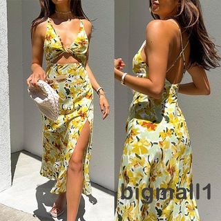 BIGMALL-Women Deep V-neck Slit Dress, Yellow Floral Print Backless Hollow Out Dress , S/ M/ L/ XL