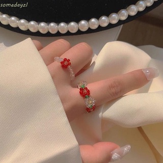สินค้า Somedayzl แหวนหางประดับลูกปัดดอกไม้สีแดงน่ารักเครื่องประดับแฟชั่นสตรี