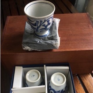 d102 ชุดแก้วน้ำชา พร้อมถาด เซรามิกงานกล่องญี่ปุ่น5 ชุด