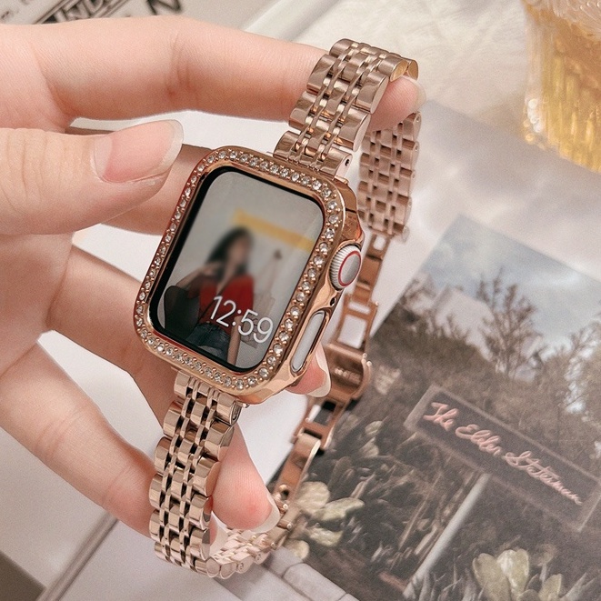 ภาพหน้าปกสินค้าสายนาฬิกาข้อมือสเตนเลส ประดับเพชร หรูหรา สําหรับ apple watch Strap i watch Strap Series 7 6 5 4 3 2 1 ขนาด 41 มม. 45 มม. 38 มม. 40 มม. 44 มม.