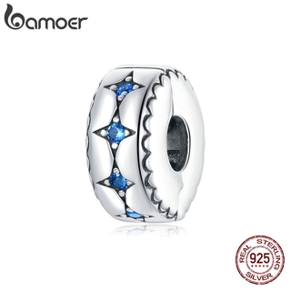 bamoer Round Star Bead 925 Sterling Silver Blue Zircon CZ Charm Clip Stopper for Bracelet Bangle DIY Accessories BSC443