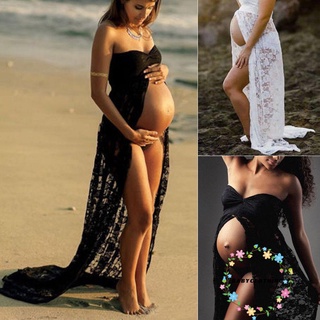 Babyclothes- ผู้หญิง สุภาพสตรี พร็อพถ่ายภาพ ตั้งครรภ์ ปิดไหล่ แขนกุด ลูกไม้ ชุดคลุมท้อง