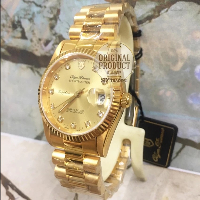 ภาพหน้าปกสินค้าOP (Olym Pianus) นาฬิกาข้อมือผู้ชายขอบหยัก ซัฟฟราย สายสแตนเลสทอง รุ่น 89322-616 GG (ทอง/ทอง) จากร้าน sdtrading บน Shopee