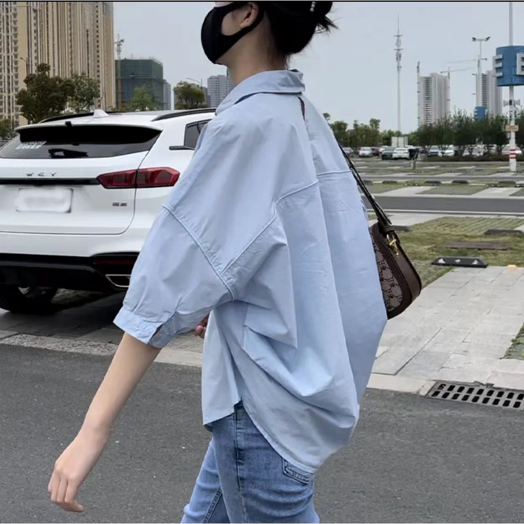 dahong-เสื้อเชิ้ตแขนสั้น-ทรงหลวม-เสื้อน่ารักมินิมอลสาวอวบ-oversize-4-สี-สำหรับผู้หญิง-w211