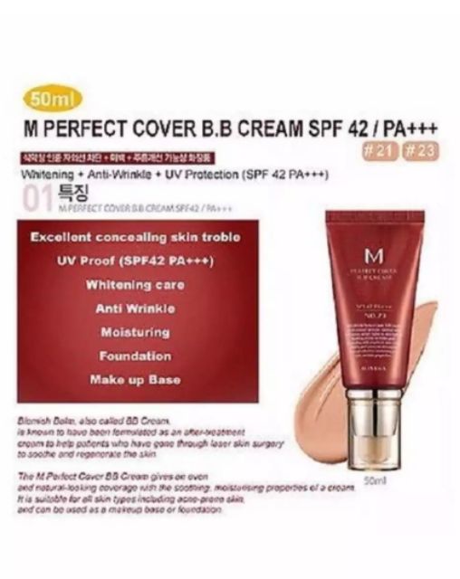 แท้100-missha-m-perfect-cover-bb-cream-spf42-pa-บีบีมิซซาหลอดแดง-ช่วยการปกปิด-ให้ผิวเรียบเนียน-50ml