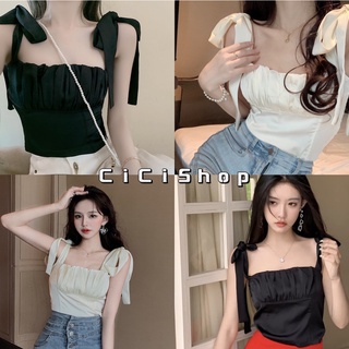 Cicishop(587)เสื้อสายเดี่ยว สายผูกโบว์เองได้ สม็อคหลังผ้านุ่มลื่น เข้ารูปสวยน่ารักสไตล์เกาหลีเซ็กซี่