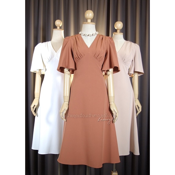 luxury707-fn8107-ชุดไปงานแต่ง-midi-dress-คอวี-แขนกระดิ่ง