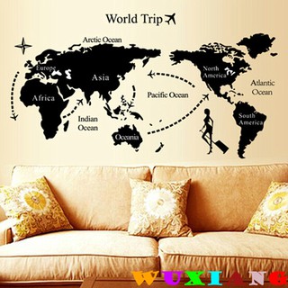 World Map สติกเกอร์ตกแต่งผนังสีดำสติ๊กเกอร์ติดผนังแฟชั่นทันสมัย