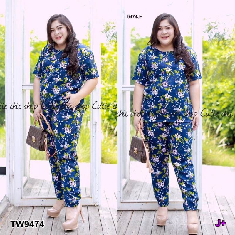 set-bigsize-เสื้อแขนสั้น-กางเกงขายาว-ลายดอกไม้-tw9474