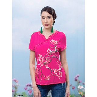 Carisa เสื้อจีน ผ้าชีฟองเกรดพรีเมี่ยม ปักลายดอกไม้กับนก งานปักแน่นปราณีต [4118]