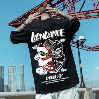 [S-8XL] Tide แบรนด์แห่งชาติเสื้อยืดผู้ชายอินเทรนด์ Lion Dance พิมพ์ผ้าฝ้ายแขนสั้นหลวมขนาดใหญ่สีขาวเสื้อผ้าฤดูร้อนครึ่งแขน