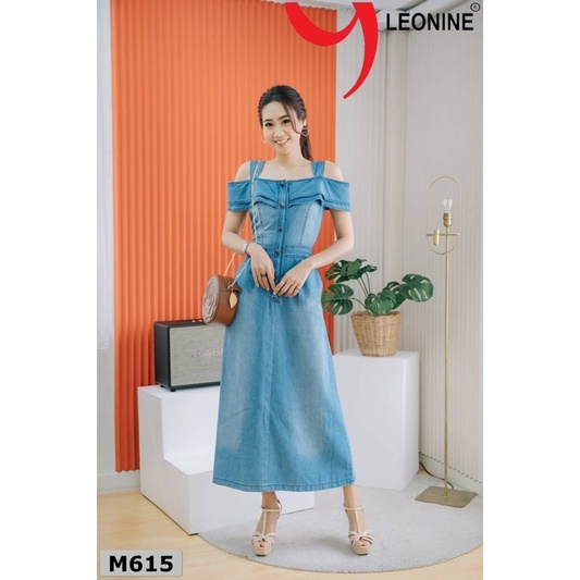 เดรสยาวleonine-แอบแซ๊กซี่โชว์ไหล่-แต่งด้วยระบาย-มีไซส์36-38-ซิบซ่อนด้านหน้าแต่งด้วยกระดุม