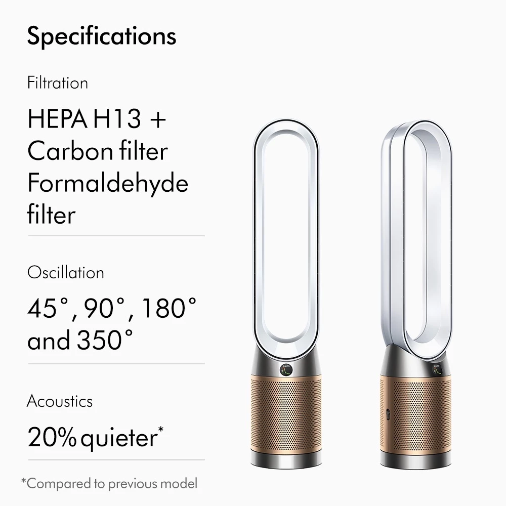 Dyson รุ่น TP09 Purifier Cool Formaldehyde เครื่องฟอกอากาศและพัดลม สีขาวทอง พร้อมเทคโนโลยีกำจัดสารฟอร์มาลดีไฮด์อย่างถาวร