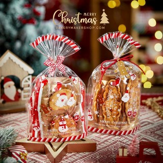 Xmas ถุงพลาสติกใส ขอบลายขาวแดง 20 ใบ ขยายก้นถุง **ไม่รวมริบบิ้นป้ายแท็ก** / ถุงคุกกี้ Christmas cookie bags