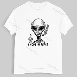 เสื้อยืดโอเวอร์ไซส์Homme เสื้อยืดลําลอง แขนสั้น พิมพ์ลาย Alien I Come In Peace Ufo Area 51 Roswell Spaceship แฟชั่นฤดูร้