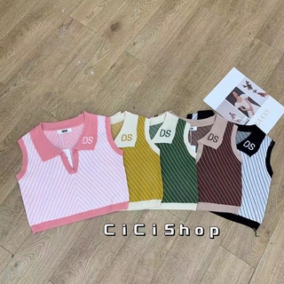 Cicishop(1861)เสื้อแขนกุดไหมพรมคอปก เว้าลึก ลายทางเฉียงสีทูโทน ดีไซส์ง่ายๆ แต่ใส่สบายมากค่า