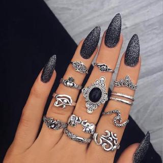 13 Pcs/Set Bohemia Rings Set Silver Color Elephant Eye of Horus Hand of Fatima Crown Carved Knuckle Rings for Women Jewelry
