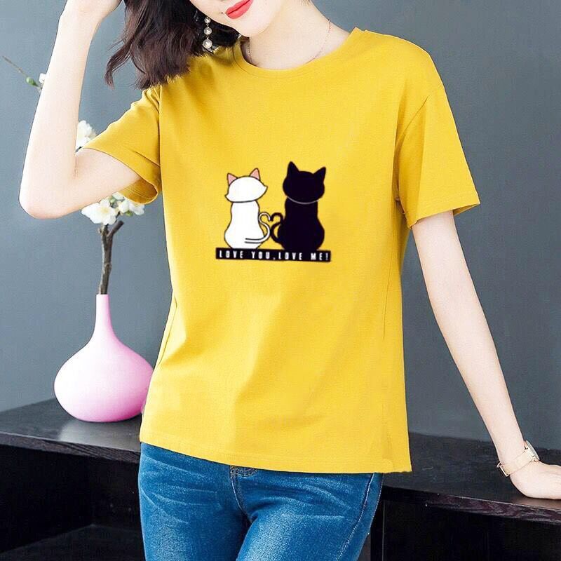 เสื้อยืดสีขาวnew2022-เสื้อยืดแฟชั่นผู้หญิง-แขนสั้น-ลายแมวคู่น่ารัก-สวมใส่สบาย-สไตล์เกาหลี-รุ่น-a-113