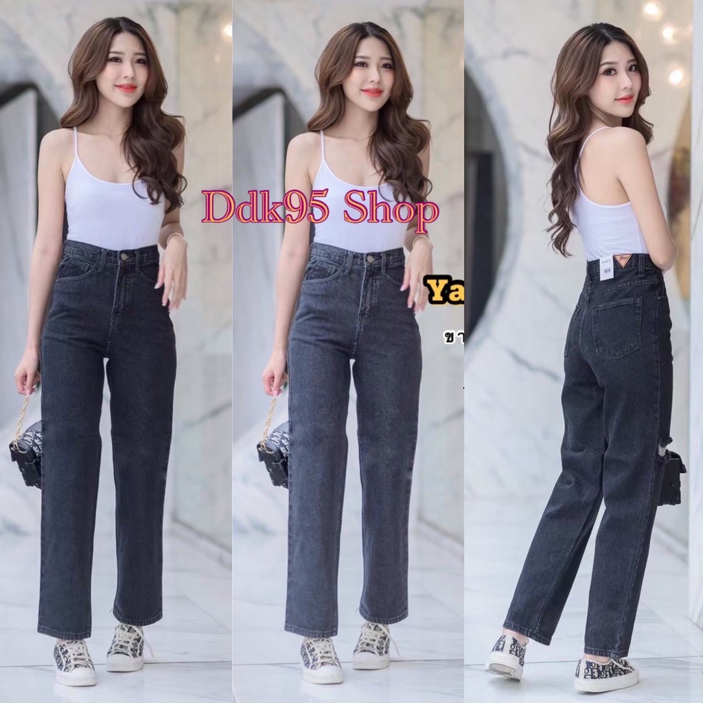 กางเกงยีนส์ขากระบอก-สีฟอกดำ-สโนว์ดำ-กางเกงวินเทจเอวสูง-งานป้ายyam-s-jeans