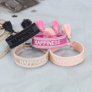 สร้อยข้อมือถัก ผ้าแคนวาส ลายตัวอักษร HAPPINESS DREAM ของขวัญให้เพื่อนที่ดีที่สุด