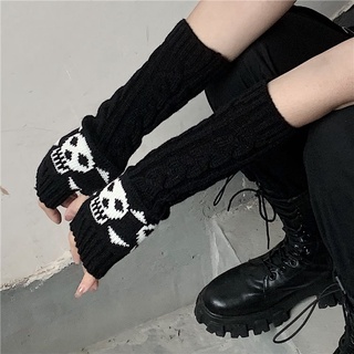 สินค้า Women Gothic Knitted Skull Gloves Winter Gloves Men Stretch Dark Ninja Cool Elbow Length Arm Warmer Hipster Black Long Mittens